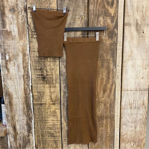 NWT All The Ways Gracie Maxi Skirt Set Dark Camel brown knit top Revolve XS - Picture 7 of 8